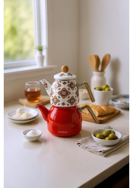 Unique - Bambu Kulplu Emaye Çaydanlık Takımı Turuncu fiyatları