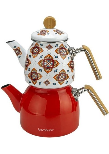 Unique - Bambu Kulplu Emaye Çaydanlık Takımı Turuncu modelleri