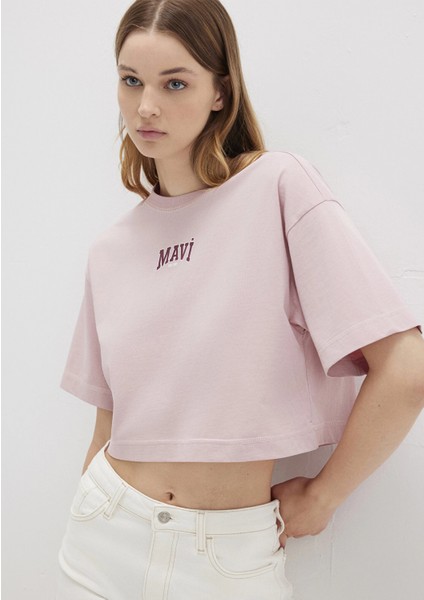 1613411-71018 Mavi Logo Baskılı Pembe Crop Tişört fiyatları