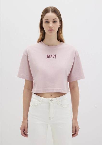 1613411-71018 Mavi Logo Baskılı Pembe Crop Tişört modelleri