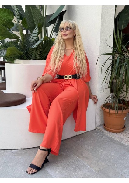 Kadın Büyük Beden Yırtmaçlı V Yaka Detay Dokuma Jessica Takım ( Kemer Dahil Değil )