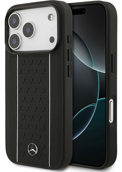 iPhone 17 Pro Kılıf Mercedes Benz Lisanslı M-Safe Uyumlu Şeritli Yıldız Desenli Metal Logolu Siyah