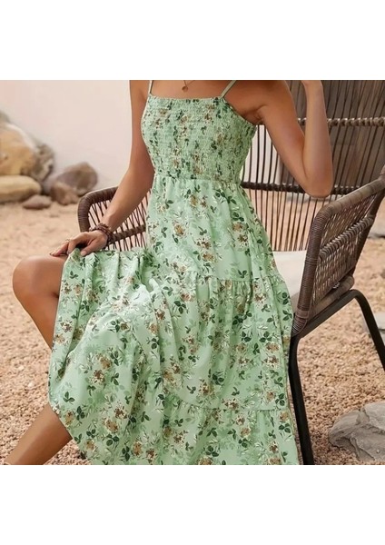 Kadın Ip Askılı Geniş V Yakalı Desenli Uzun Süprem Elbise