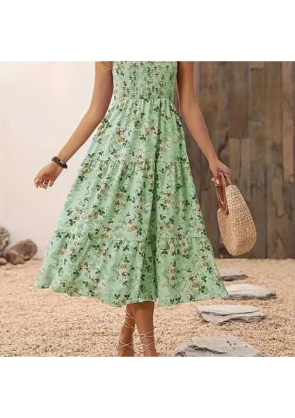 Kadın Ip Askılı Geniş V Yakalı Desenli Uzun Süprem Elbise fiyatları