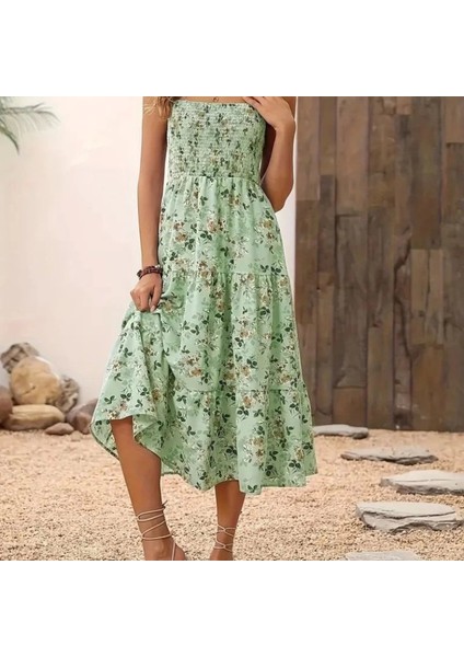 Kadın Ip Askılı Geniş V Yakalı Desenli Uzun Süprem Elbise modelleri