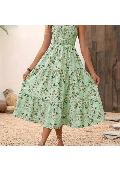 Kadın Ip Askılı Geniş V Yakalı Desenli Uzun Süprem Elbise fırsatları