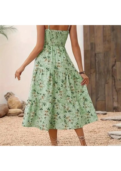 Kadın Ip Askılı Geniş V Yakalı Desenli Uzun Süprem Elbise indirimleri