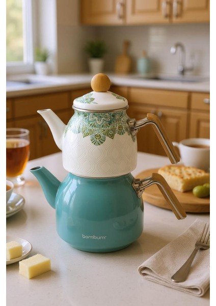 Unique - Bambu Kulplu Emaye Çaydanlık Takımı Turkuaz
