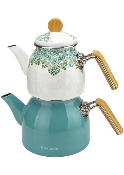 Unique - Bambu Kulplu Emaye Çaydanlık Takımı Turkuaz modelleri