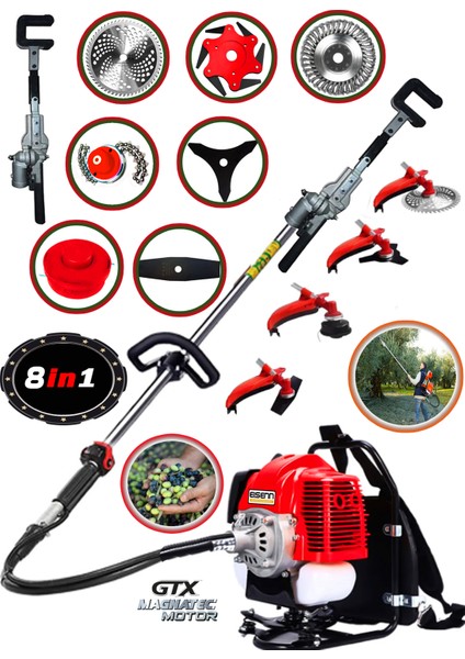 Eısenn Zeytin Hasat Makinası + Sırt Tipi Benzinli Motorlu Tırpan 9 Parça Özel Set