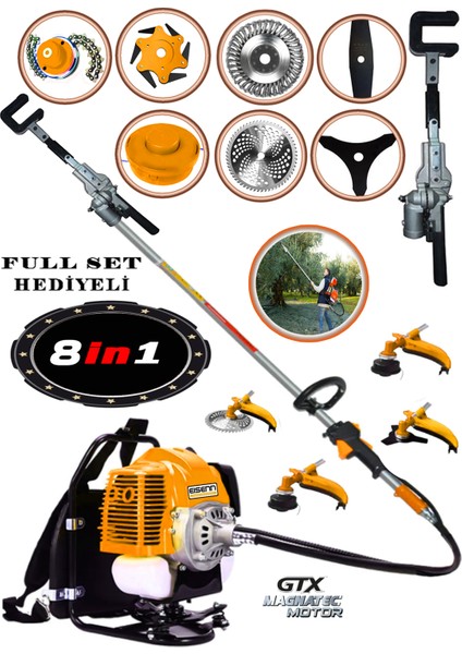 Eısenn Hero 9000 Sırt Tipi Benzinli Motorlu Tırpan + Zeytin Badem Hasat Makinası 9 Parça Özel Set