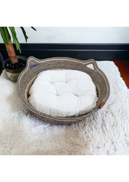 Yuvarlak Kedi Yatağı – 40 Cm, Örgü Detaylı, Elyaf Minderli ve Hafif