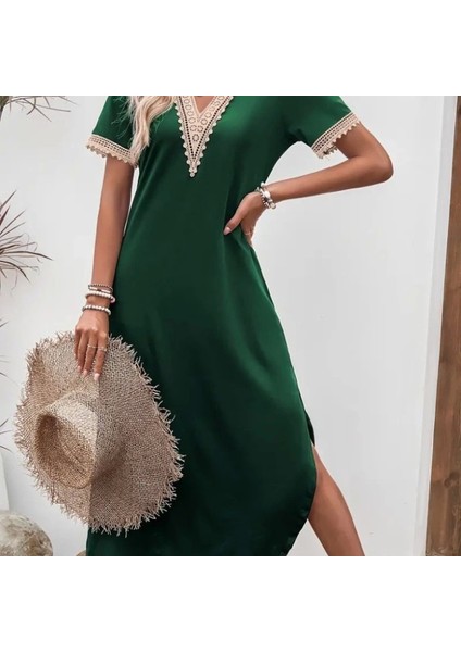 Kadın Kısa Kollu Dantel V Yakalı Uzun Viskon Elbise
