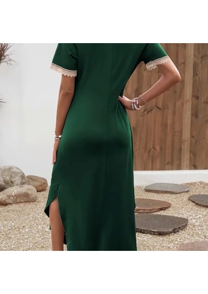 Kadın Kısa Kollu Dantel V Yakalı Uzun Viskon Elbise fiyatları