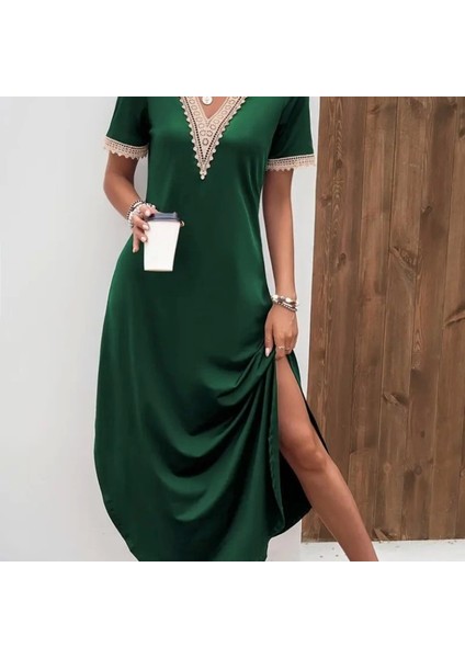 Kadın Kısa Kollu Dantel V Yakalı Uzun Viskon Elbise modelleri