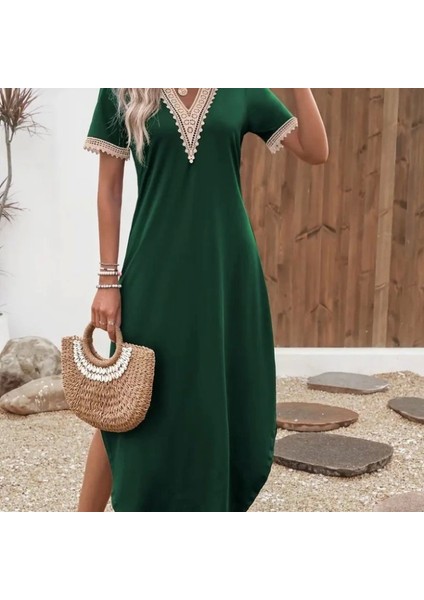 Kadın Kısa Kollu Dantel V Yakalı Uzun Viskon Elbise fırsatları