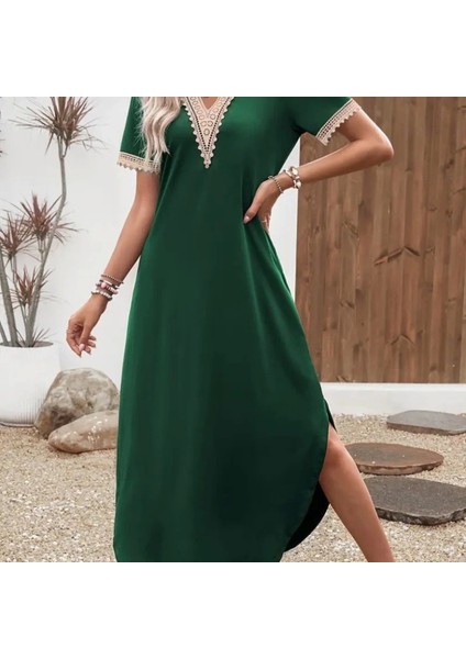 Kadın Kısa Kollu Dantel V Yakalı Uzun Viskon Elbise indirimleri