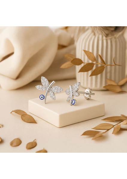 Nazar Mineli Yusufçuk Beyaz Gümüş Küpe