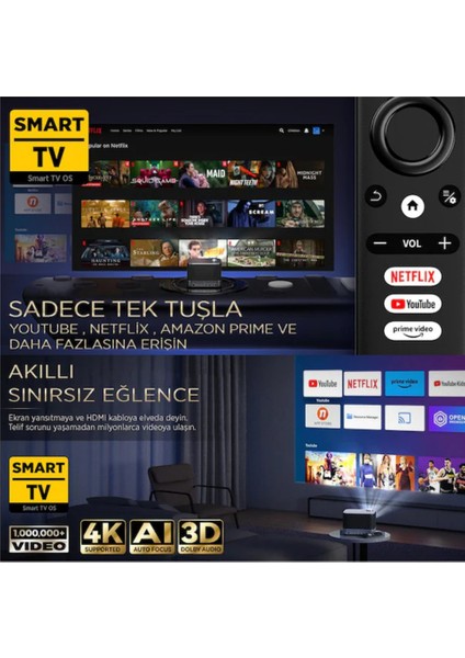 Aurzen Boom 3 Wifi + Bluetooth 300 Inç 4K Smart Tv Projeksiyon Cihazı Siyah fiyatları