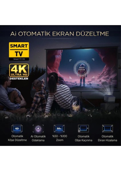Aurzen Boom 3 Wifi + Bluetooth 300 Inç 4K Smart Tv Projeksiyon Cihazı Siyah modelleri