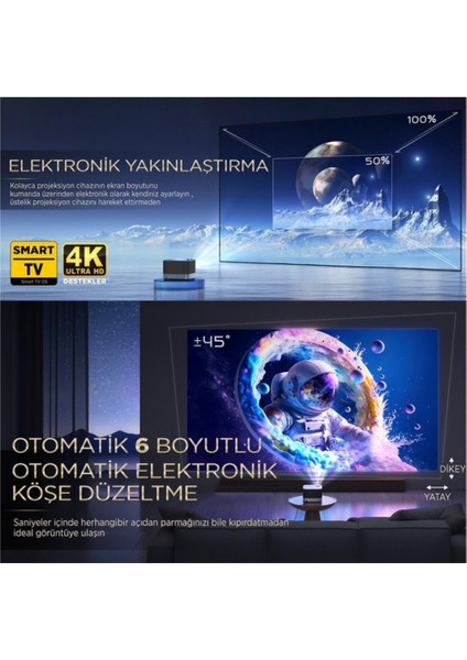 Aurzen Boom 3 Wifi + Bluetooth 300 Inç 4K Smart Tv Projeksiyon Cihazı Siyah