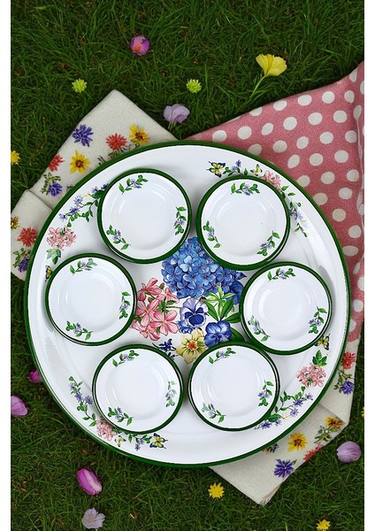 7 Parça Büyükboy Yasemin Desenli Emaye Kahvaltı Seti, Sunum, Kahvaltı Tabağı, Reçellik, Çeyiz