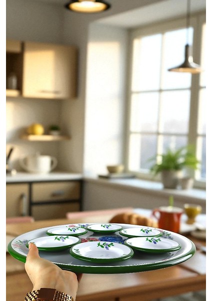 7 Parça Büyükboy Yasemin Desenli Emaye Kahvaltı Seti, Sunum, Kahvaltı Tabağı, Reçellik, Çeyiz modelleri