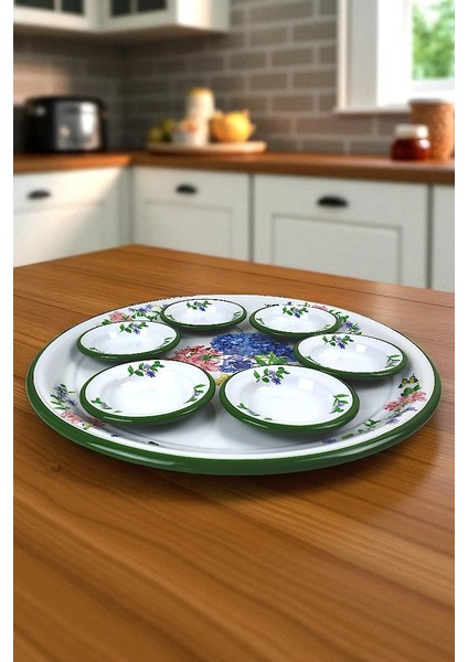 7 Parça Büyükboy Yasemin Desenli Emaye Kahvaltı Seti, Sunum, Kahvaltı Tabağı, Reçellik, Çeyiz