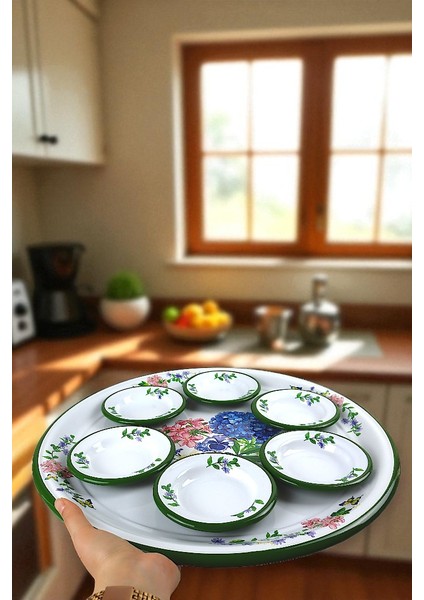 7 Parça Büyükboy Yasemin Desenli Emaye Kahvaltı Seti, Sunum, Kahvaltı Tabağı, Reçellik, Çeyiz