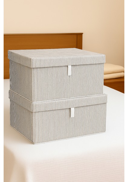 2'li Mega Boy Kutu Hurç, Organizer Kutusu, Çok Amaçlı Saklama Kutusu, Gri Çizgili Desen 60X40X30 cm
