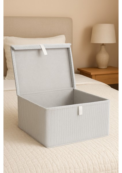 2'li Mega Boy Kutu Hurç, Organizer Kutusu, Çok Amaçlı Saklama Kutusu, Gri Çizgili Desen 60X40X30 cm modelleri