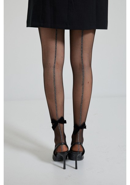 Kadın Kurdele Aksesuarlı Şeritli Ince Külotlu Çorap