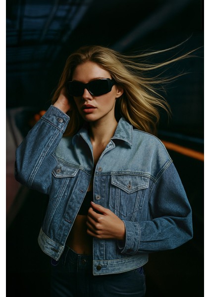 Kadın Renk Bloklu Oversize Jean Ceket Mavi