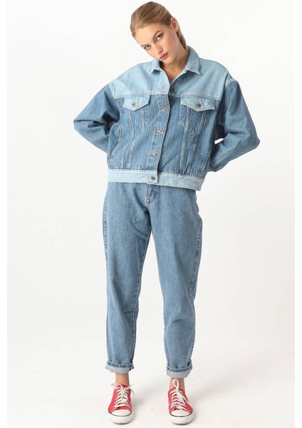 Kadın Renk Bloklu Oversize Jean Ceket Mavi