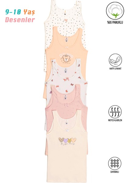 Underwear Özkan 41600 5'li Paket Kız Çocuk Karışık Renkli Desenli Pamuklu Yumuşak Rahat Kalın Askılı Atlet