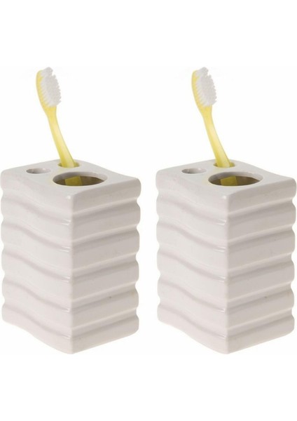 2 Adet Seramik Diş Fırçalık Kare Çizgili Model 8X6X11CM Banyo Seti