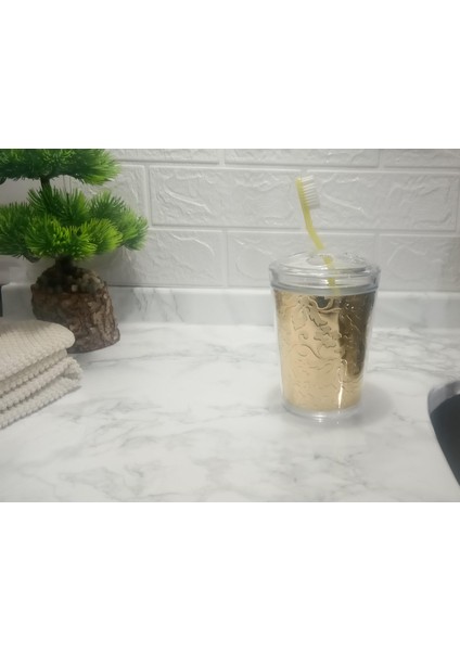 2 Adet Diş Fırçalık Altın Yaprak Akrilik 9X9X12CM Banyo Seti indirimleri
