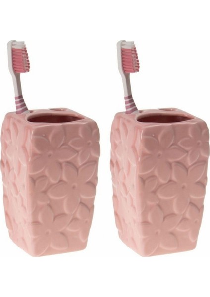 2 Adet Seramik Diş Fırçalık Çiçekli Pembe Model 7X7X12CM Banyo Seti
