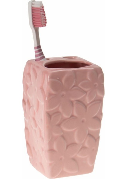 2 Adet Seramik Diş Fırçalık Çiçekli Pembe Model 7X7X12CM Banyo Seti modelleri