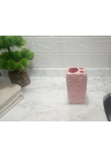 2 Adet Seramik Diş Fırçalık Çiçekli Pembe Model 7X7X12CM Banyo Seti fırsatları