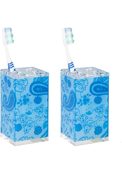 2 Adet Diş Fırçalık Mavi Çiçekli Akrilik 6X6X12CM Banyo Seti