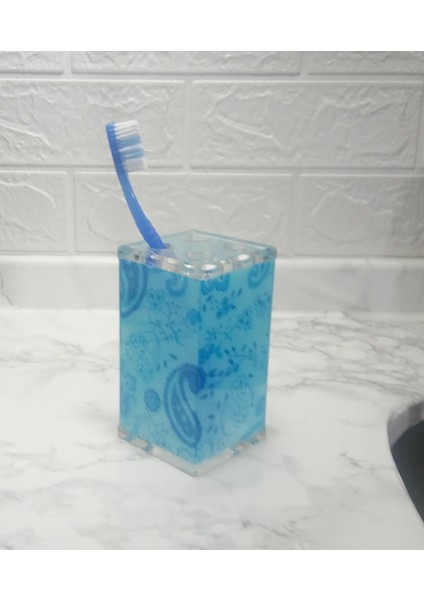 2 Adet Diş Fırçalık Mavi Çiçekli Akrilik 6X6X12CM Banyo Seti fiyatları
