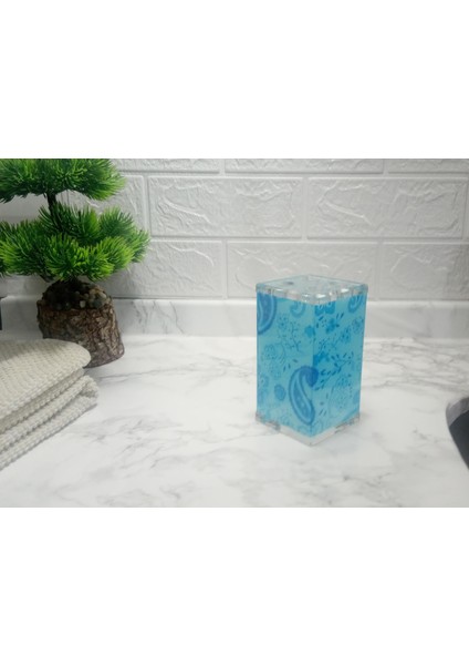 2 Adet Diş Fırçalık Mavi Çiçekli Akrilik 6X6X12CM Banyo Seti fırsatları