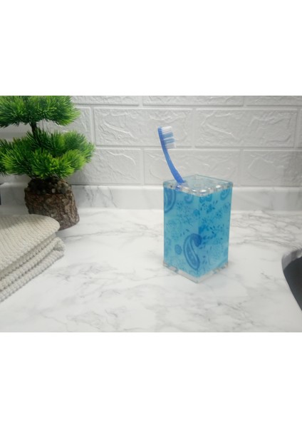 2 Adet Diş Fırçalık Mavi Çiçekli Akrilik 6X6X12CM Banyo Seti indirimleri