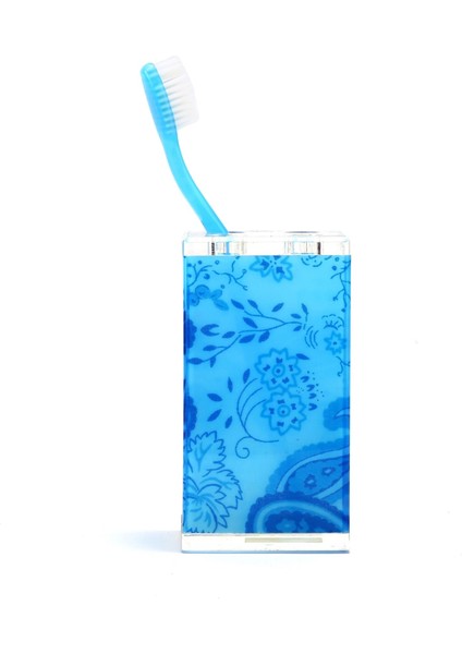 2 Adet Diş Fırçalık Mavi Çiçekli Akrilik 6X6X12CM Banyo Seti