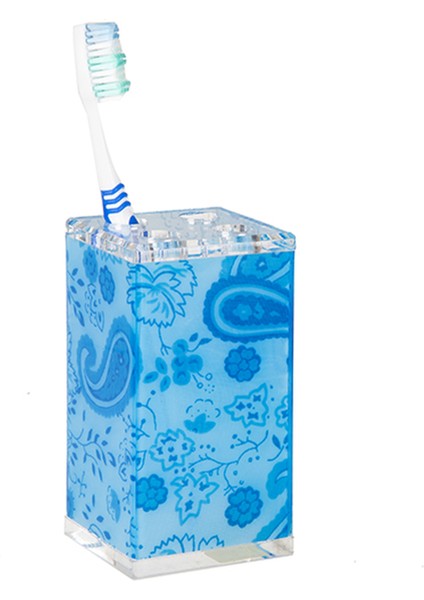 2 Adet Diş Fırçalık Mavi Çiçekli Akrilik 6X6X12CM Banyo Seti
