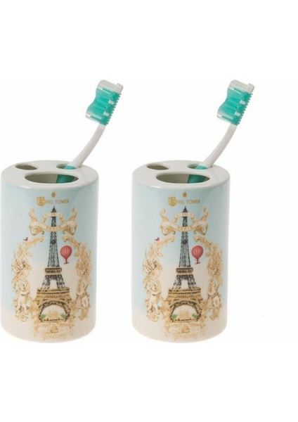 2 Adet Seramik Diş Fırçalık Romantik Yeşil Model 7X7X11CM Banyo Seti