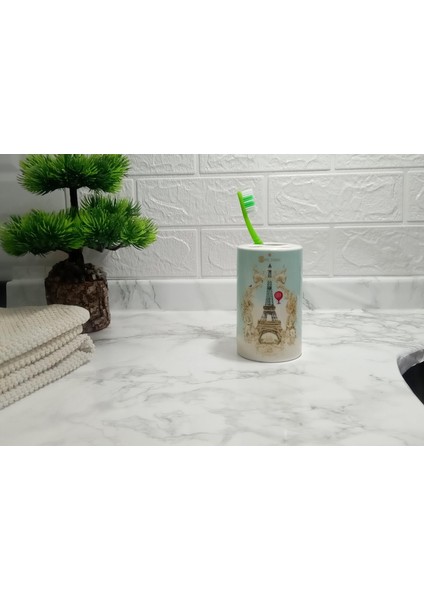 2 Adet Seramik Diş Fırçalık Romantik Yeşil Model 7X7X11CM Banyo Seti fırsatları