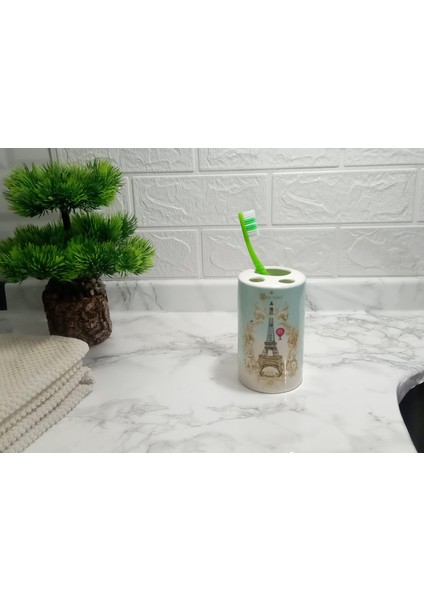 2 Adet Seramik Diş Fırçalık Romantik Yeşil Model 7X7X11CM Banyo Seti indirimleri