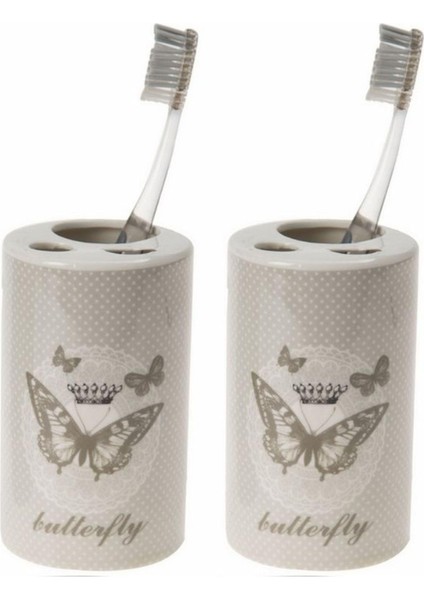 2 Adet Seramik Diş Fırçalık Kelebek Desenli 7X7X11CM Banyo Seti